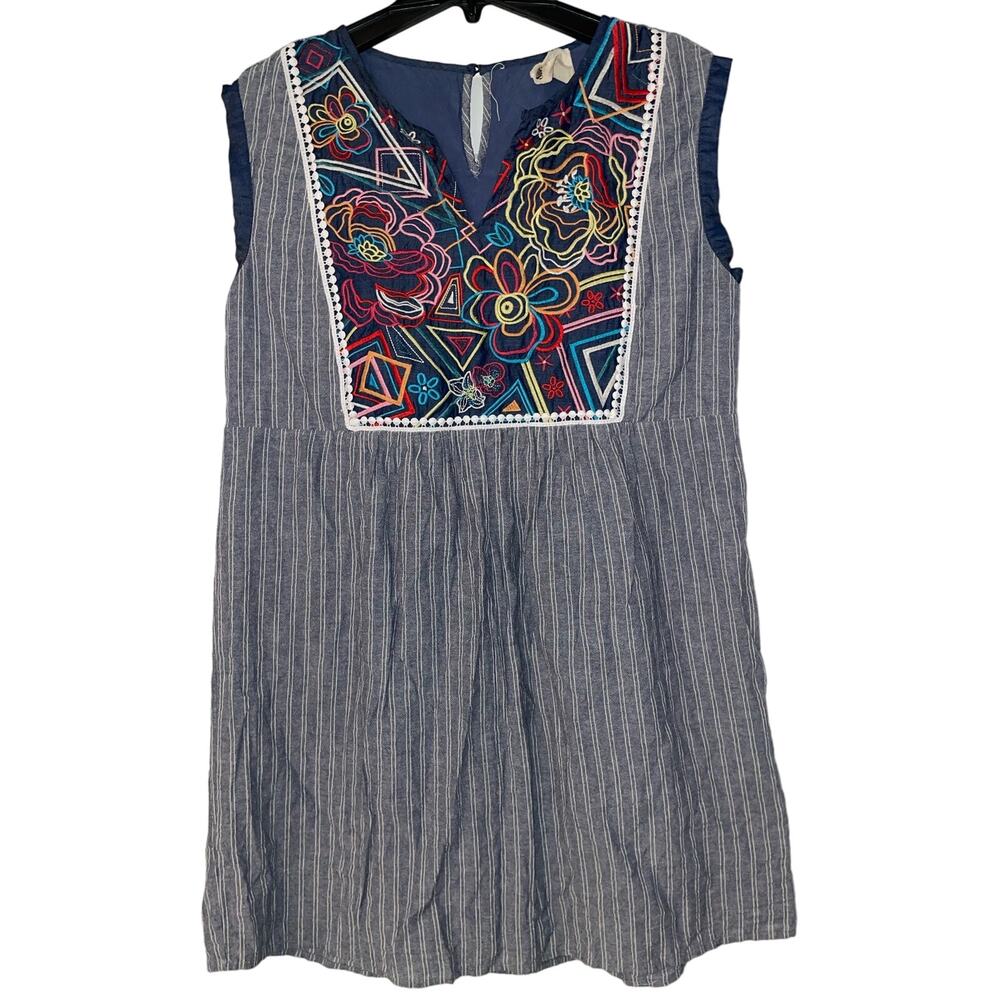 Savanna Jane size Large Embroidered Sleeveless Chambray Mini Dress Boho Southern